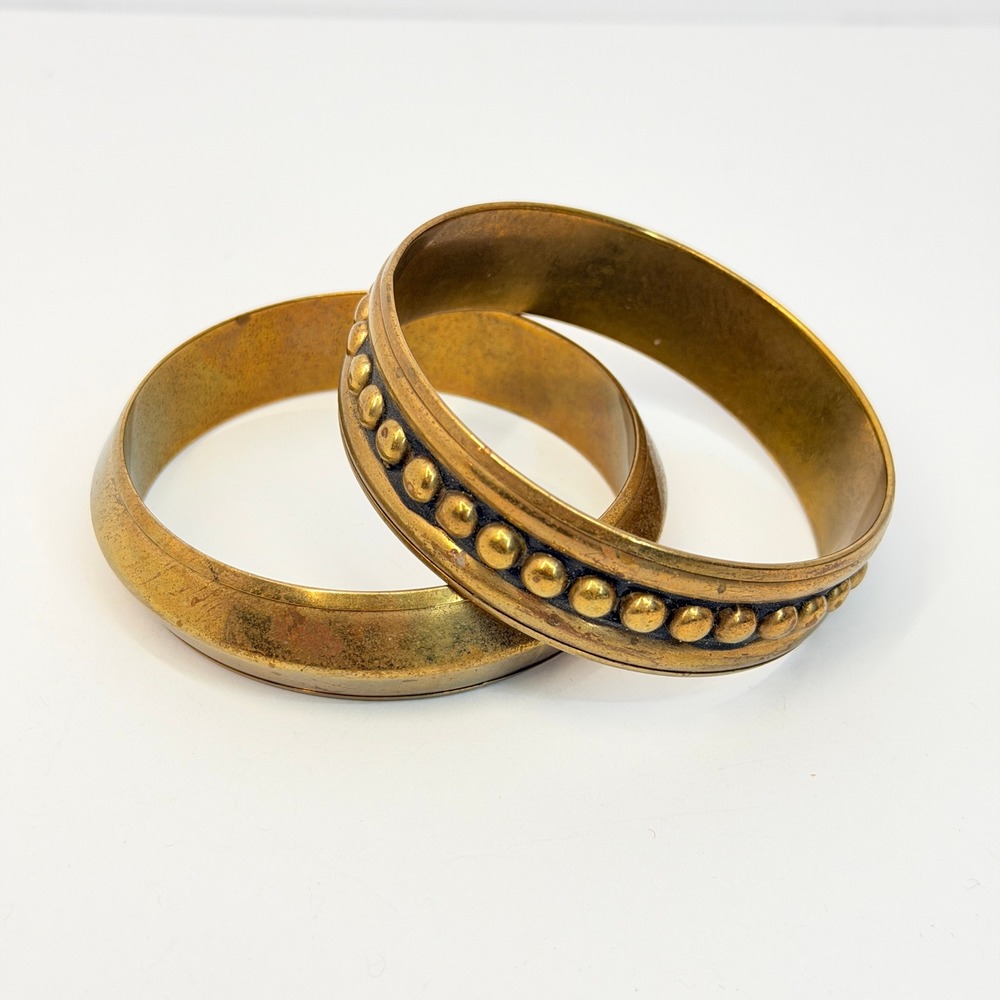 Vintage 70s Gold Brass Bangle Bracelets Studded Tapered Boho Statement Set of 2